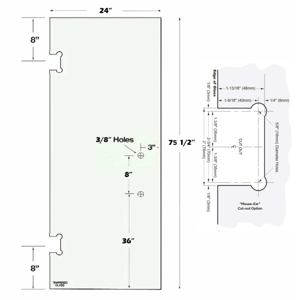 Doorlite, 75-1/2" Height, with Vienna Cutout & 8" handle Hole,  3/8" Clear Temper Glass